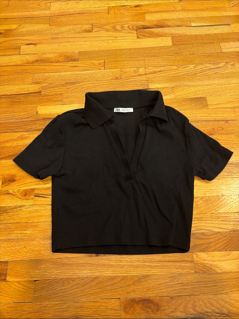 Zara Black Ribbed Collard V Neck Crop Top